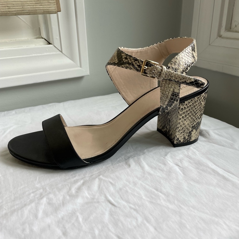 Cole Haan Black/Snakeskin sandal- 3 inch block heel. Lightly worn- see pics!